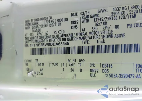 2013 Ford E-250 Commercial from USA, damaged, VIN 1FTNE2EW8DDA63345